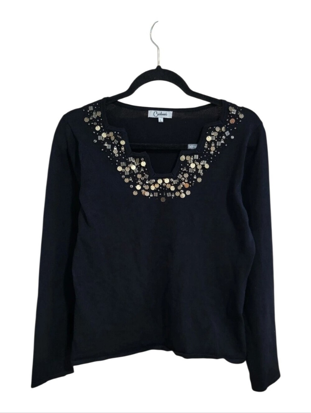 Vintage Carducci Y2K Sz L Black Embellished Knit Sweater Top Sequin Metallic
